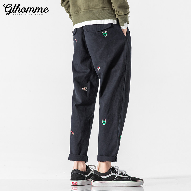 Pants men's summer thin new men's casual pants embroidered loose straight Korean version of the trend casual nine-division suit