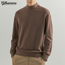 Autumn new mens long sleeve T-shirt loose semi-high collar pullover trend round neck casual coat base shirt