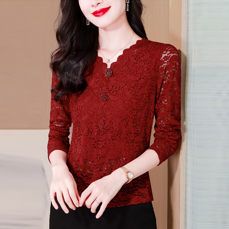 Elegant Lace Long-Sleeve Shirt for Women, Suitable for Mother-In-Law, Wedding Banquet, or Everyday Wear, Red Stylish Blouse