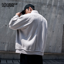 Muscle dog spring and autumn American knitted cardigan plus velvet embroidery zipper stand collar jacket sports leisure fitness jacket men