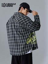 Muscle dog sports casual plaid shirt jacket mens autumn new trend loose stand-up collar printed thin jacket