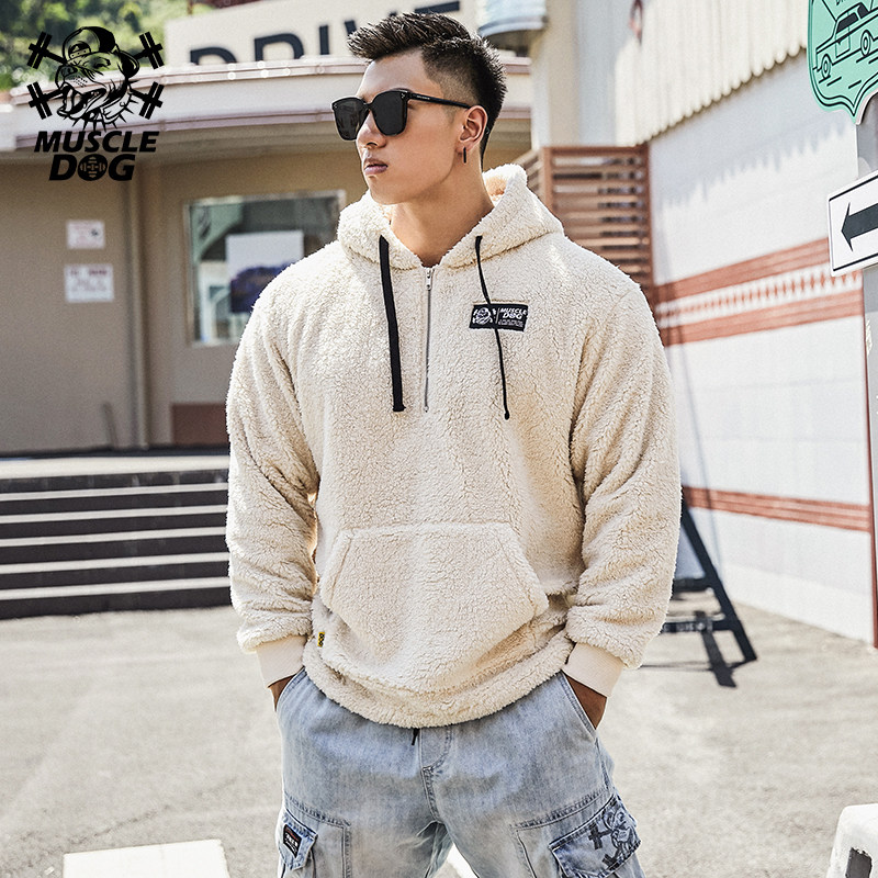 Muscle Dog Autumn Winter Recommended Tide Sign Winter Loose Goat Suede Warm Sports Casual Fitness Even Cap Sports Jersey Man