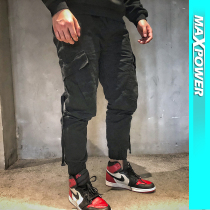 MAXPOWER original Tide brand ribbon design black slim tooling sports leisure wind Joker trousers men