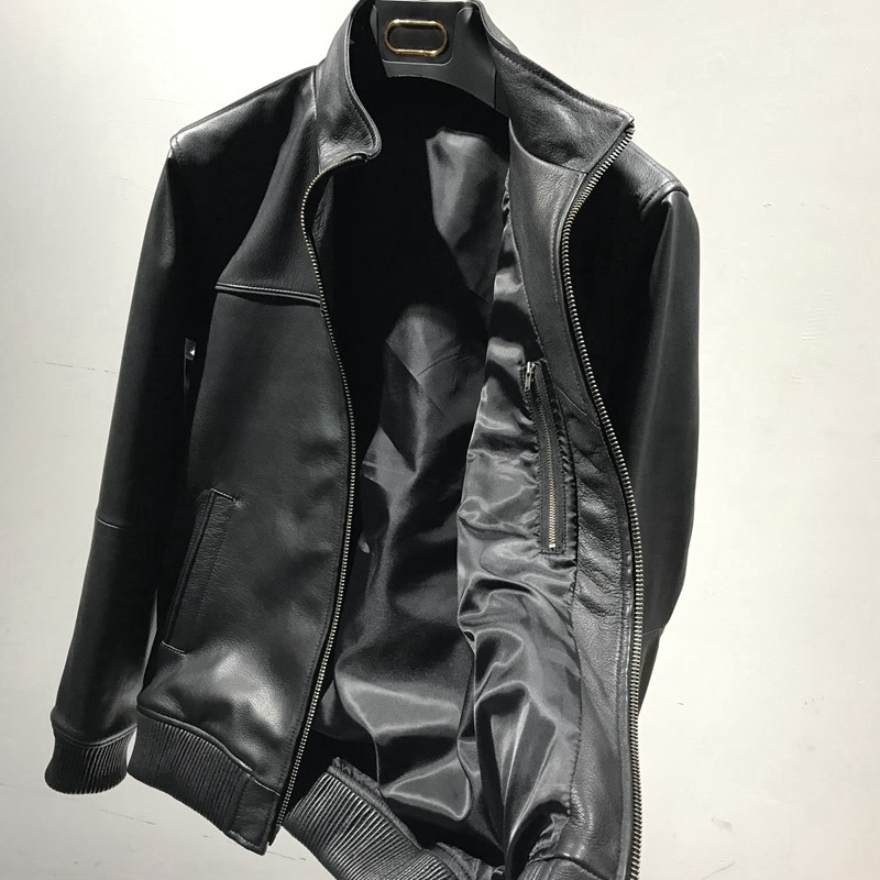 Imported goatskin jacket slim waist waist men's Harrington leather coat big stand collar locomotive leather jacket spring and autumn