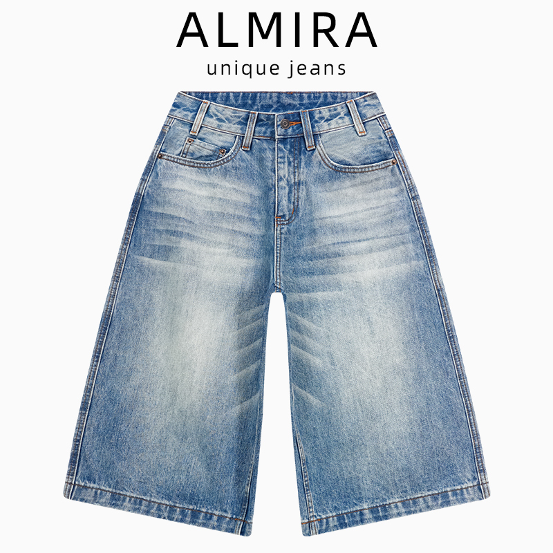 American-Style Cropped Pants~ Non-Stretch Stiff Denim Shorts for Women, Summer Loose Straight-Leg Pants, Vintage Whiskered Wide-Leg Pants