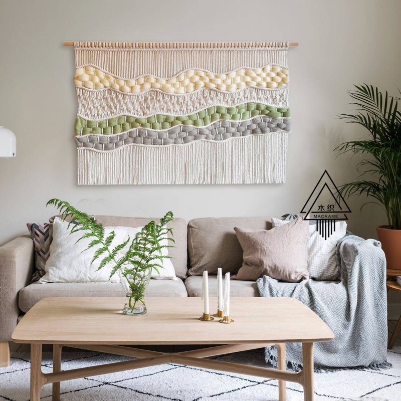 (Liuyun) wood woven color Icelandic woolen hand-woven tapestry pink green wall decoration wall hanging living room hanging ornament