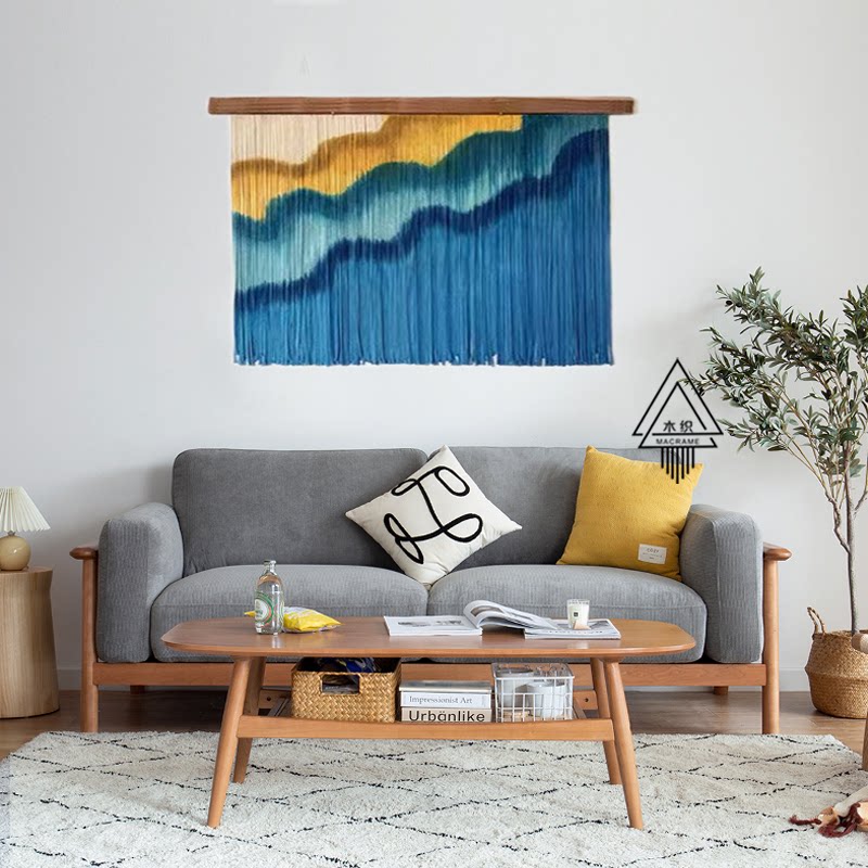 (Blue Rhymes) Blue artisanal stained tapestry Dining Room Sofa Wall Rectangular Wood Strips Modern Wall-mounted Decoration