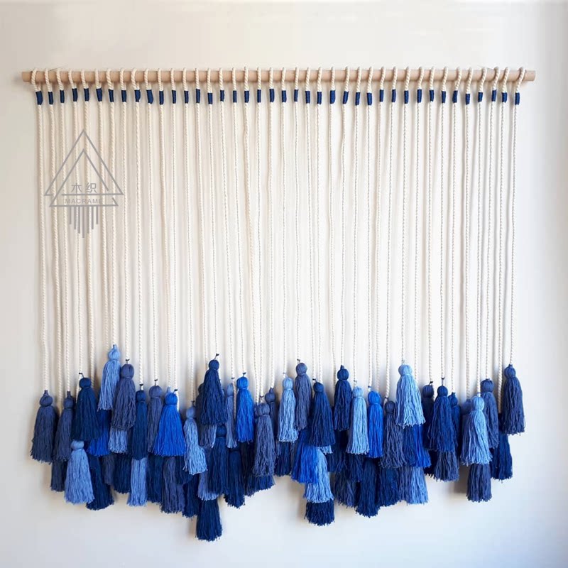 (Sky)Bed and breakfast wall room beam decoration Mediterranean style blue spike tassel wall blanket Dining room partition window