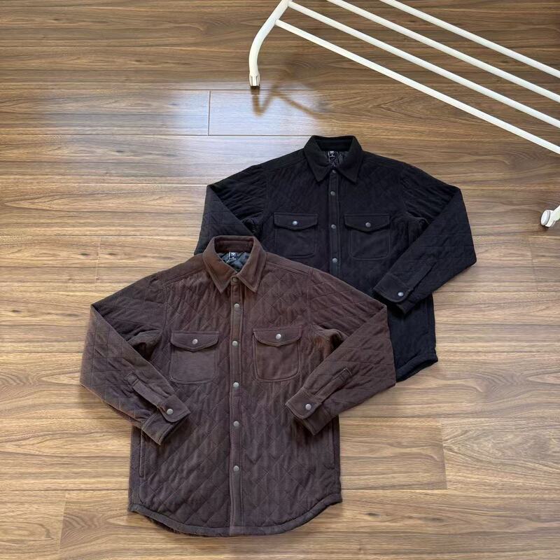 Japanese-Style Autumn and Winter Outdoor Fleece Diamond-Patterned Quilted Cotton Jacket for Men, Warm Turn-Down Collar Casual Cotton Coat