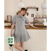 (In stock) Jinggujia slightly fat mm American style pleated polo collar dress womens summer plus size college style skirt