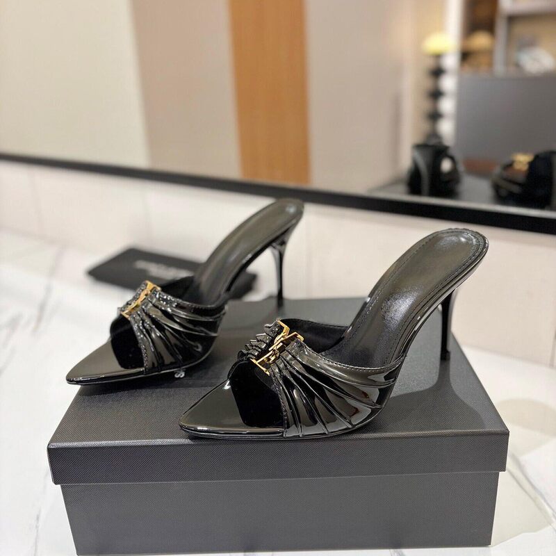Yang Shulin Style Metal Buckle Pointed Toe Peep-Toe Sandals 2025 Genuine Leather Ruched Sexy Stiletto High Heels Women's Shoes
