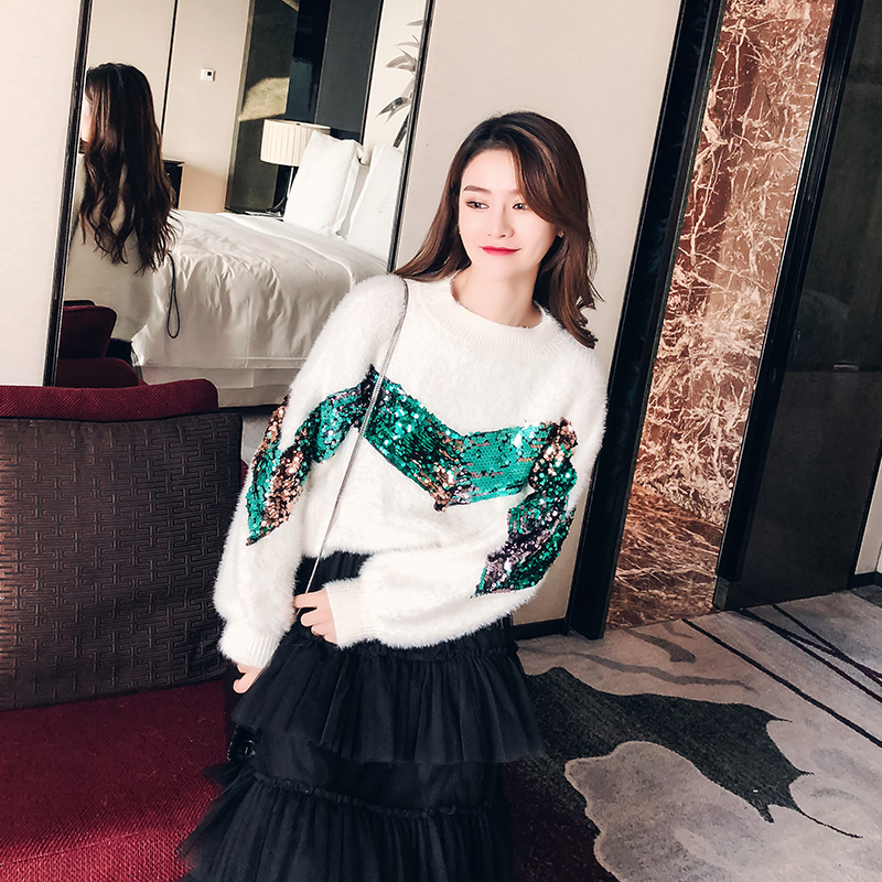 2018 thu đông mới làm việc nặng nề sequin nhung nước trùm đầu lỏng tay áo len tay áo len cổ tròn quan ao nu