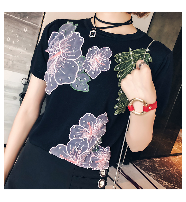 Mùa hè 2018 mới của phụ nữ vòng cổ đa năng smock handmade ren hoa đính cườm áo thun nữ áo gile len