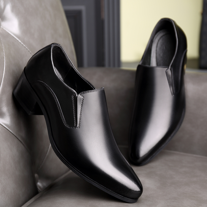 Business Fashion Leather Shoes for Men, New High-End, Stylish British Style Slip-On Pointed-Toe High-Heeled Leather Shoes