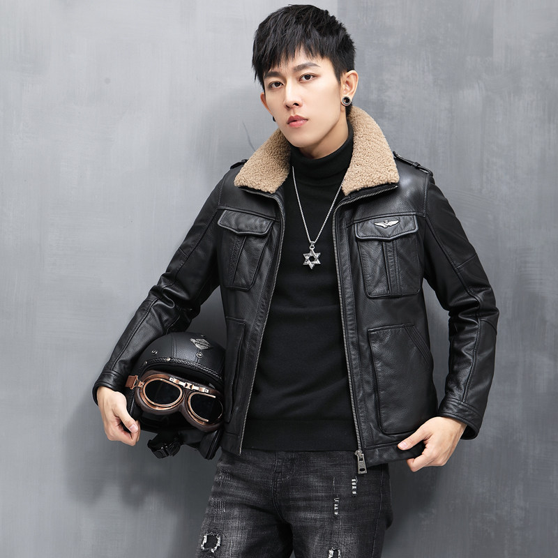 Haining leather men's top layer leather down jacket wool lapel motorcycle pilot leather jacket frock coat