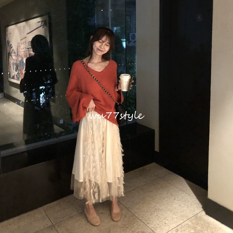 U 77 Nàng tiên Hàn dưới eo cao là quần thun thun eo mềm mại màu bông tuyết tua rua Jacquard Một chiếc váy xòe chữ chân váy xếp ly