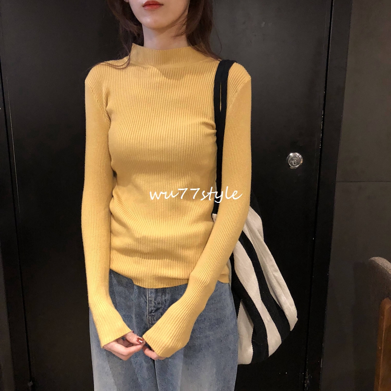77 Hàn Quốc 5 màu BI thành áo đơn giản linh hoạt thon gọn nhỏ cổ cao nhỏ chạm đáy áo len dài tay nữ ao len