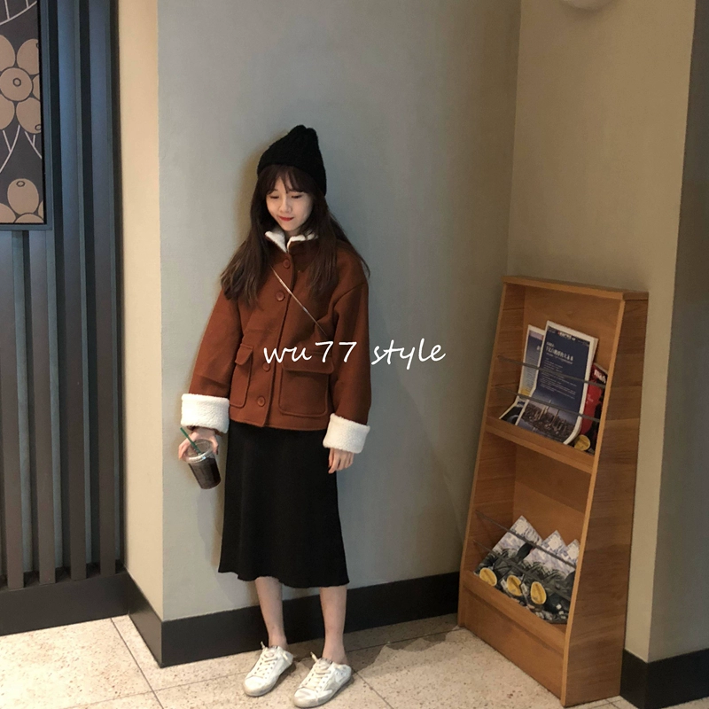 U77 Teddy khâu ve áo lông cừu lông cừu áo len lỏng dài tay áo len ngắn phiên bản Hàn Quốc áo khoác da nữ
