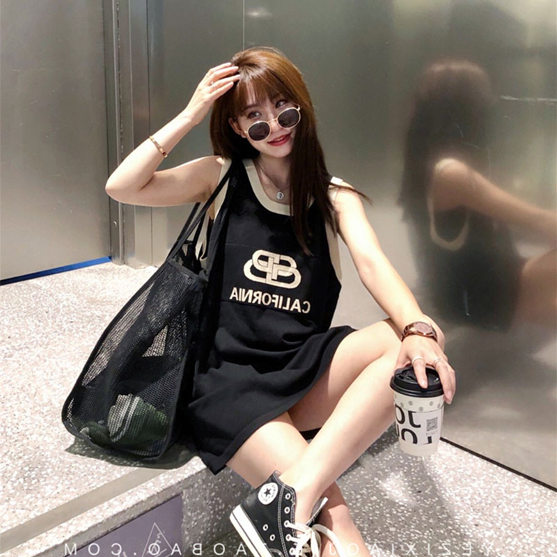 Miss Ye Ye sleeveless T-shirt women's summer jersey outside wearing basketball clothes loose BF wind mid-length thin cotton vest skirt