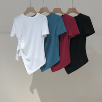 Nine buttons large size womens clothing new design sense cotton T fat mm fold irregular hem top ins trendy T-shirt 905