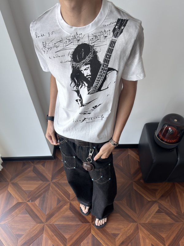 Gmcs American Retro Street Rock Style Guitar Print Short-Sleeve T-Shirt for Men and Women, Vintage Versatile Top, Trendy