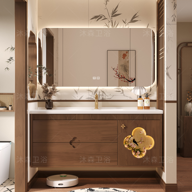 Song-Style Aesthetic Bathroom Cabinet Set with Vintage-Style Lacquered Ceramic Integrated Basin, New Model for Bathroom Sink and Washbasin
