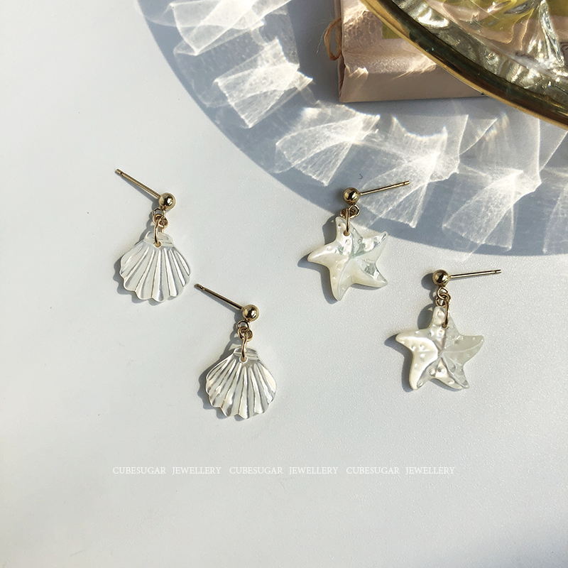 Soft Cute American 14K Bag Gold Natural White Bay Stars Sea Star Earrings Girl Cute Playful Temperament Personality Earrings