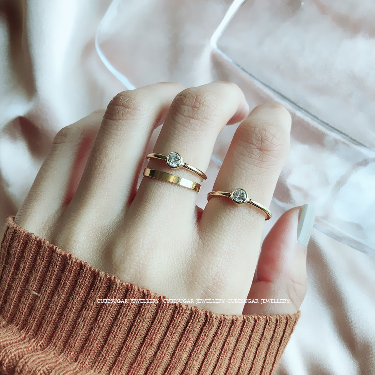 Phiên bản dày hơn! Rửa tay! Mỹ 14k mạ vàng zircon inlay phiên bản rộng thời trang hoang dã nhẫn kim cương đơn nhẫn cặp đẹp