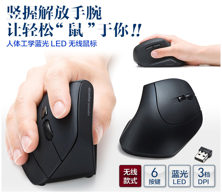日本 山业 垂直握式蓝光护腕鼠标 告别鼠标手 图1
