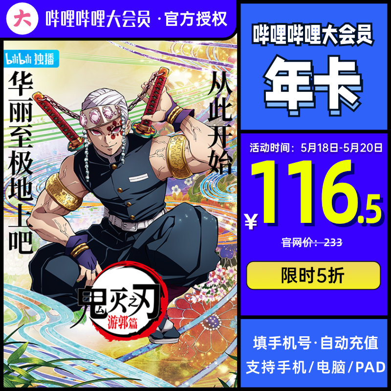 哔哩哔哩大会员 B站会员卡 12个月 年卡 天猫优惠券折后￥116.5秒充（￥166.5-50）