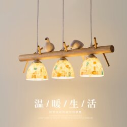 Bird-Themed Restaurant Chandelier with Three Lights, Natural Wood Style, Bar Table and Dining Table Special Lighting, Japanese Pastoral Style, Long Strip Shell Dining Room Lamp