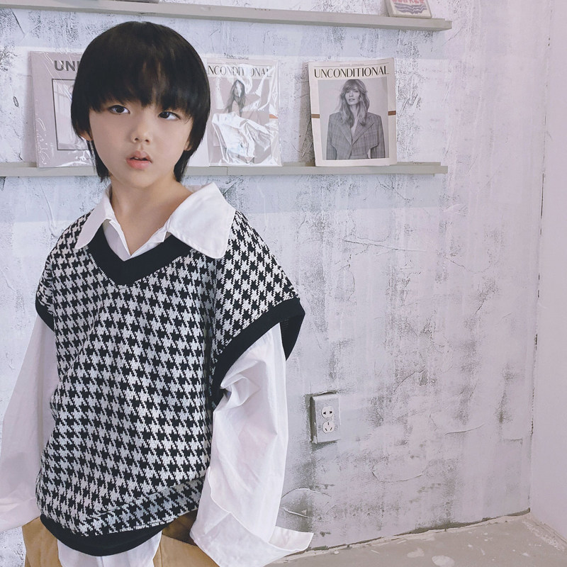 2022 autumn new children's V-neck knitted pullover houndstooth vest boy trendy Japanese waistcoat top children's clothing