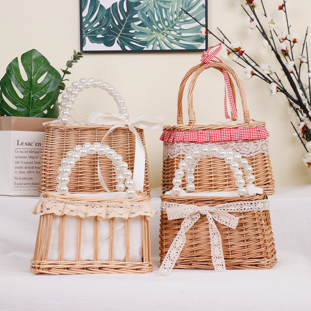 Grass willow choreography square bag Han version retro fresh ins Woven Bag Carry-on Basket Holiday Handbag
