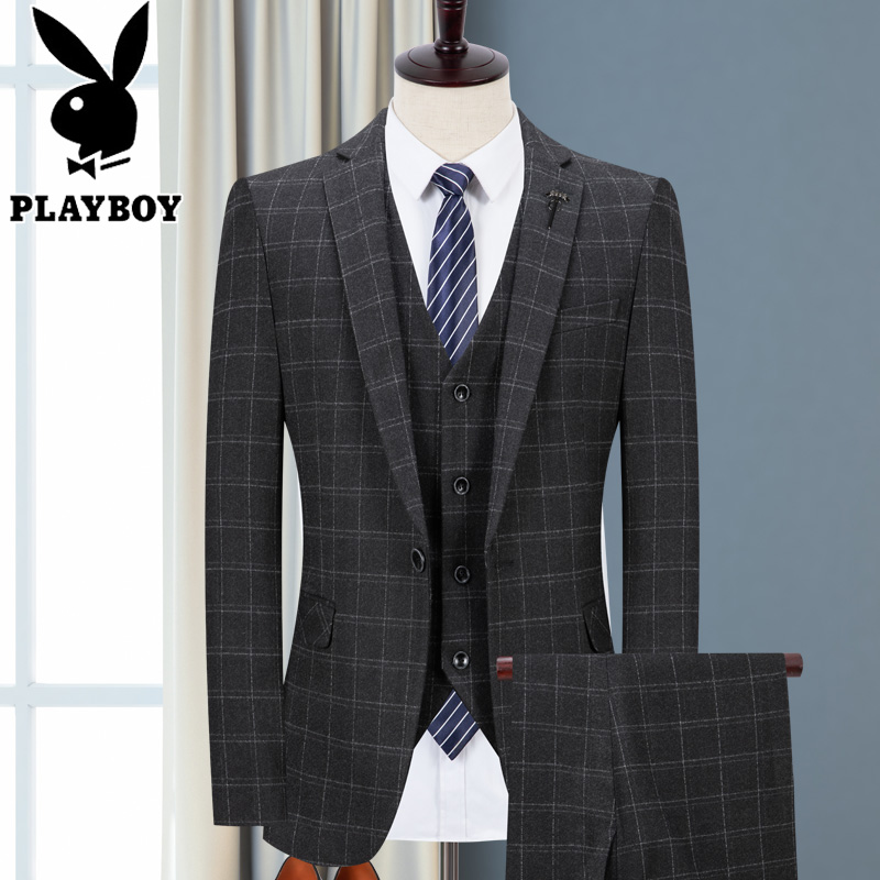 Playboy phù hợp với nam giới ba mảnh phù hợp với phù hợp với doanh nghiệp nhỏ váy kẻ sọc váy cưới chú rể