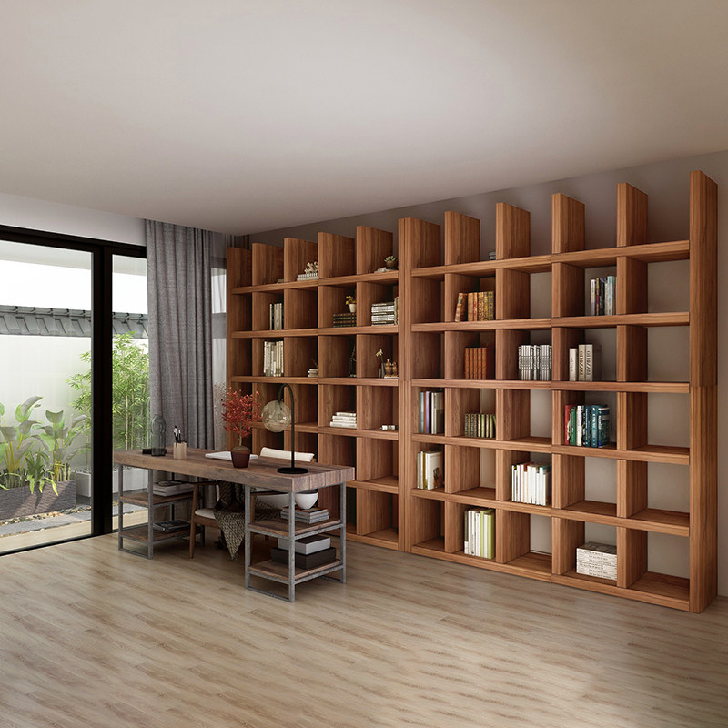 Old Elm Wood Bookshelves Customised Whole Wall Full Wall Floor Full Solid Wood Bookcase Living-room Simple Assembled Retro Lattice Shelf