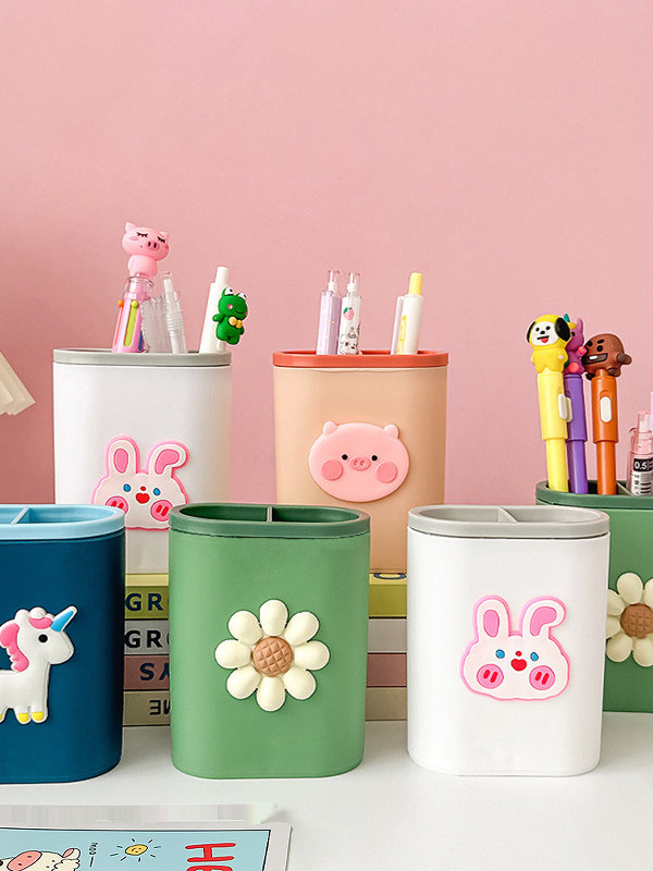 Student multi-grid cartoon cute pen holder storage box multi-functional desktop organizer stationery pen bucket makeup brush storage box