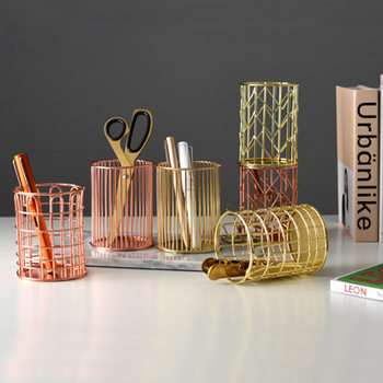 Creative Nordic ins Office Desk Iron Pen Holder Electroplated Metal Simple Round Storage Bucket Stylish Stationery High Quality