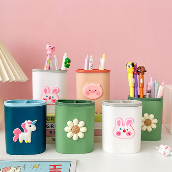 Student Multi-Grids Cartoon Cute Pen Holder Storage Box Multi-Functional Desktop Organizer Stationery Pen Barrel Makeup Brush Storage Box