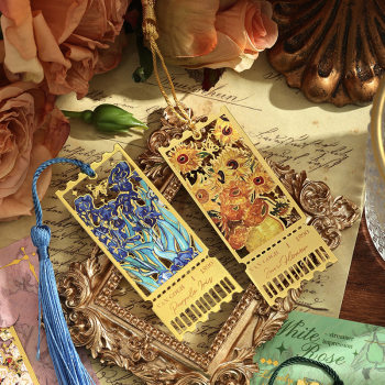 Encounter Eslite: Flowing Light Impression Series Vintage Famous Painting Metal Bookmark, Oil Painting Floral Hollow-Out Tassel Bookmark