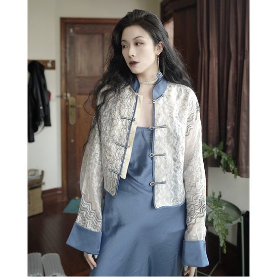 CHARMMY original new Chinese style short Tang suit long-sleeved jacket spring and summer new national style haze blue plate button Chinese suit