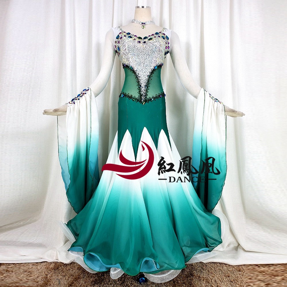 Red Phoenix Gradual Color Morden Dance Competition Dress Professional Custom National Standard Social Dance Performance Out of the Grand Pendulum Skirt BR885