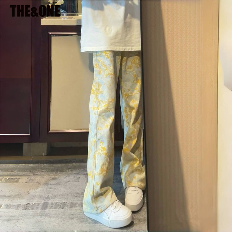 American Retro Yellow Tie-Dye Jeans for Women 2025 Summer New Jacquard Trendy Brand Design Slim Straight Pants