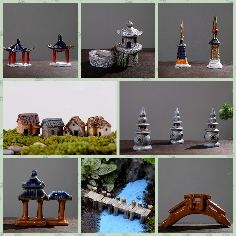 Bonsai Fake Mountain Accessories Micro Landscape Decoration Resin Ceramic Miniature Figure Animal Small Bridge Pavilions BOAT TOWER-TAOBAO