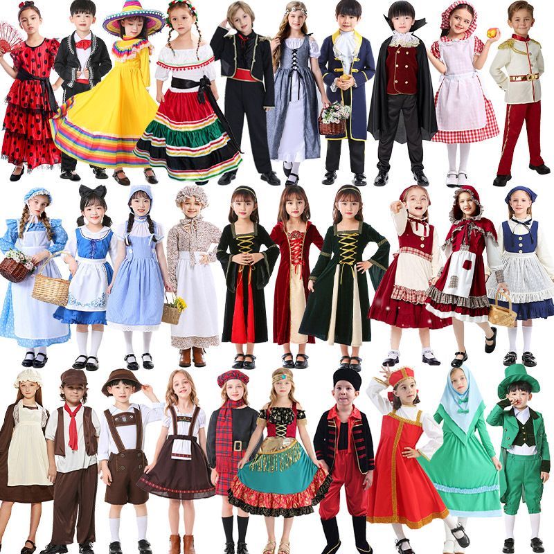 Traditional Culture European Manor Ranch Farm Plaid Maid Commoner European Style Palace Children's Performance Costume