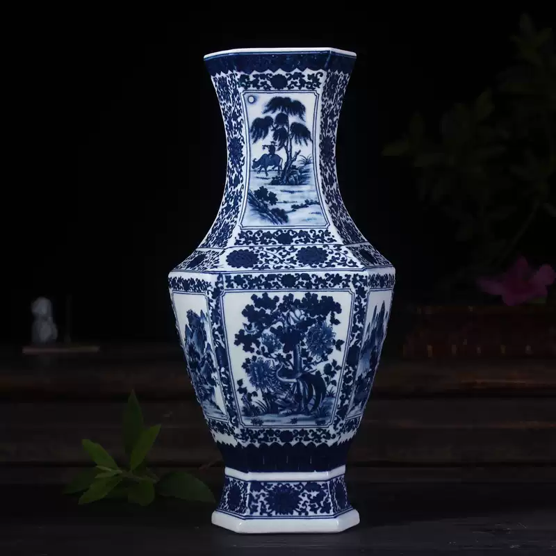 山水风景图青花花瓶景德镇明清古典陶瓷中式书院博古架样板房