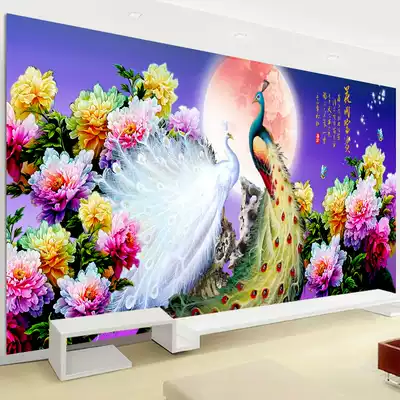 Printed cross stitch flower blooming rich peony flower landscape living room simple modern large peacock hanging painting bedroom thread embroidery