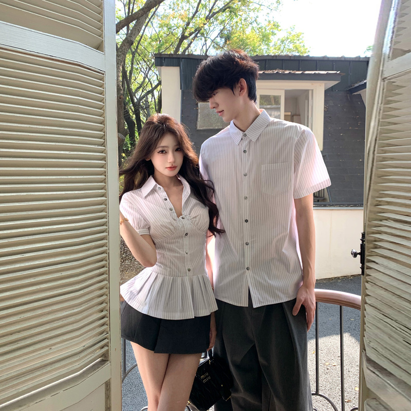 Unique Design Striped Short-Sleeve Shirts for Couples, Summer Wear, One Long and One Short, V-Neck, Waist-Tie Shirts for Men and Women