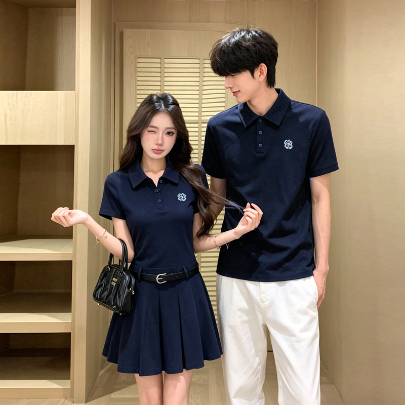 Couple's Outfit, College Style Polo Collar Short-Sleeved T-Shirt, Summer Niche Design, Waist-Cinching Slimming Dress, One Top and One Skirt Couple's Outfit, College Style Polo Collar Short-Sleeved T-Shirt, Summer Niche Design, Waist-Cinching Slimming Dress, One Top and One Skirt