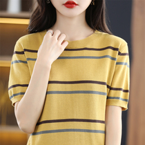2022 summer new knitted short-sleeved t-shirt women 100% cotton linen striped round neck pullover loose thin top