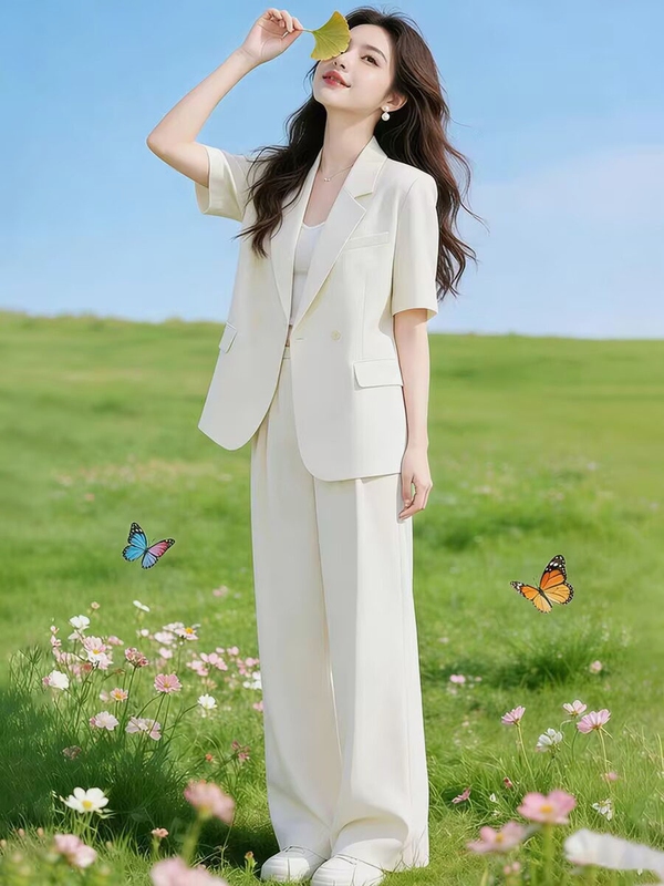 Plus-Size Thin Ol Fashion Suit, Summer Short-Sleeved Blazer with Wide-Leg Pants, Conceals Flaws and Looks Slimming, Two-Piece Set 100kg Plus-Size Thin Ol Fashion Suit, Summer Short-Sleeved Blazer with Wide-Leg Pants, Conceals Flaws and Looks Slimming, Two-Piece Set 100kg